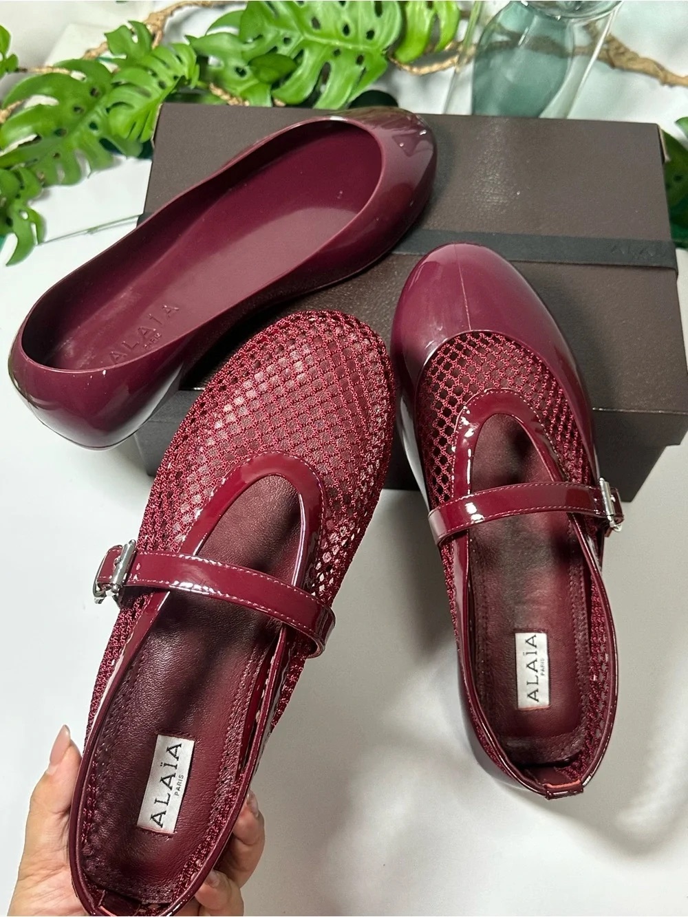 Alaia Burgundy Patent & Mesh Mary Jane Flats